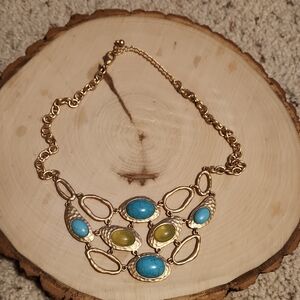 Costume Necklace Gold Color With Blue & Yellow Accents